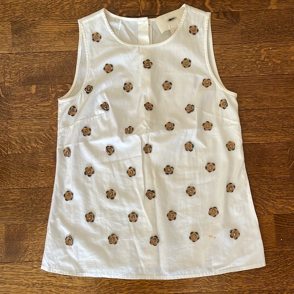 J Crew Collection White Back Button Shirt with Brown Leather Flowers and Crystal